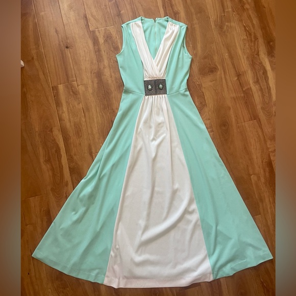 Gorgeous Vintage Boho Light Seafoam Green & White Sleeveless Maxi Dress Small - Picture 1 of 10
